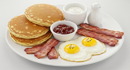 清潔感あふれる明るいスタジオ光で美しく撮影された白い皿に盛られた理想的な朝食ふわふわパンケーキカリカリベーコン半熟目玉焼き甘いジャムとミルクの組み合わせ. AI Generated