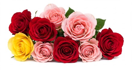 鮮やかな赤ピンク黄色のバラが優雅に集まり純粋な白背景に美しく映えるロマンチックな花束. AI Generated