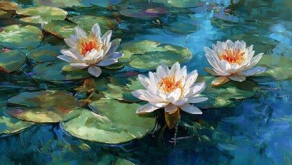 Three water lilies bloom on blue water, surrounded by green lily pads