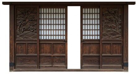 木彫りの精緻な美しさが際立つ伝統的な和風引き戸。重厚な木材に施された細やかな彫刻と繊細な格子が日本の伝統美と職人技の深みを優雅に空間へ語りかける。. AI Generated