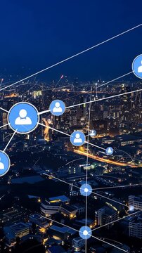 Explore the dynamic relationship between technology and urban life as connections illuminate the cityscape after dark