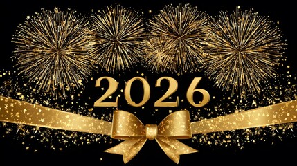 Luxurious Golden New Year's Eve 2026 Celebration with Fireworks and Ribbon Design Elements