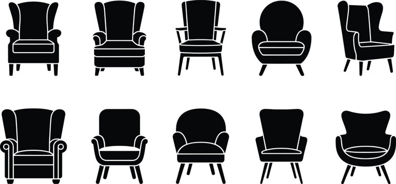 Set of ten black armchair silhouette icons, comfortable living room furniture symbols including wingback and modern chairs vector illustration isolated.