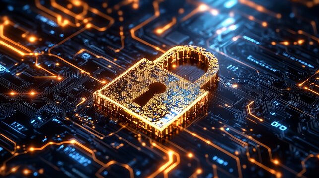 Golden digital padlock on futuristic circuit board, cybersecurity concept - Powered by Adobe