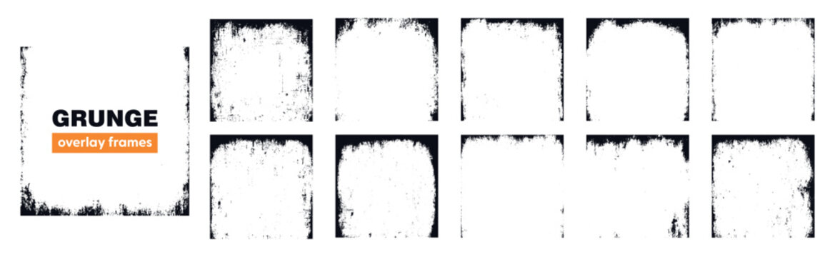 Set of square grunge overlay frame and background with grime and rugged effect. Border collection with vintage texture.