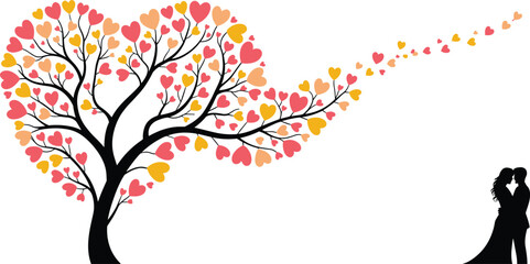 Heart shaped love tree illustration with colorful hearts flowing toward romantic couple silhouette, symbolizing eternal love, marriage, Valentine&rsquo;s Day, wedding romance, and emotional connection