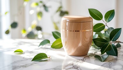 A simple wooden urn with a gold band, surrounded by green leaves and light patterns on a marble surface.