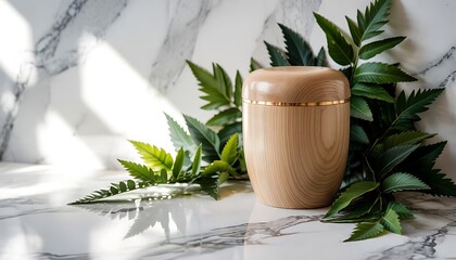 Wooden urn with gold accent on marble surface, surrounded by lush green leaves and dappled sunlight.