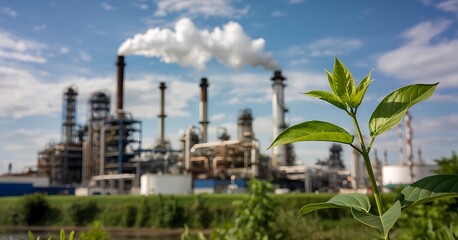 Fototapeta premium Green plant emerges in foreground against backdrop of industrial oil refinery with billowing smoke.