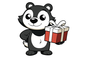 Smiling cartoon bear cub presents a red gift box tied with a white ribbon © Shipon