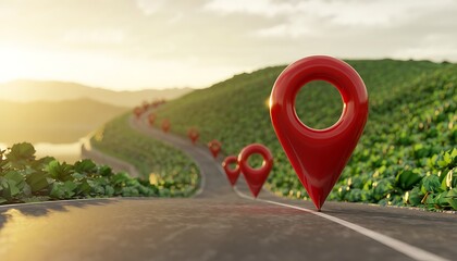 Road winding through green hills lined with large red map pin markers, symbolizing travel, destinations, and journey planning.