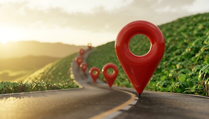 A winding road through lush green countryside, marked by a series of red map pins, suggesting a scenic route or travel path.