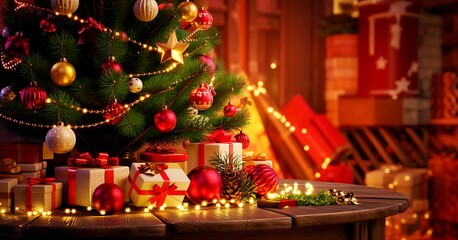 Festive Christmas vignette featuring a decorated evergreen tree, gift boxes, and golden fairy lights on a rustic table.