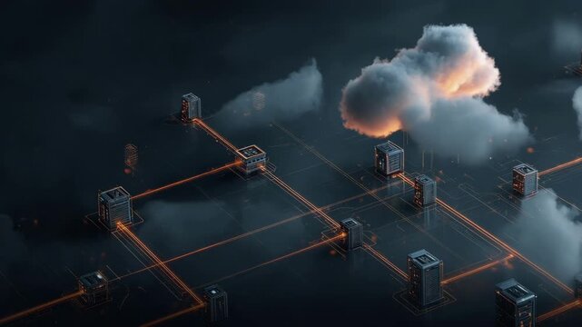 Scalable hybrid cloud infrastructure portrayed in medium shot featuring dynamic data flow between private and public cloud systems emphasizing digital transformation for ISP