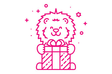 Happy lion cub holds present with festive dots and stars in outline form
