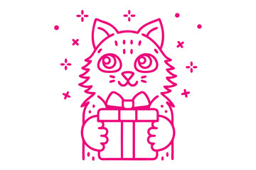 Magenta outline of a cute feline holding a gift box on a transparent background