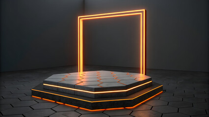 Futuristic neon lit stage with glowing orange frame and hexagonal floor