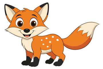 Smiling cartoon fox with orange fur and white spots stands happily with a transparent background