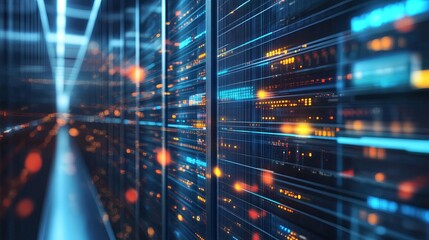 Futuristic Data Center with Rows of Servers and Digital Lights