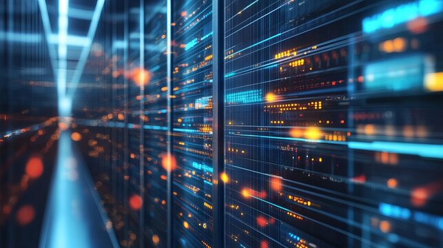 Futuristic Data Center with Rows of Servers and Digital Lights