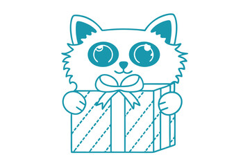 Teal outline of fluffy cartoon kitten holding diagonal striped gift box against white