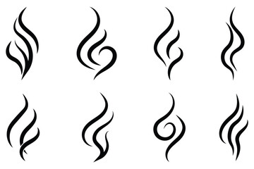Smoke steam icon vector logo set. Smoke smell, steam aroma heat icon illustration. Smoke, steam, smog, smell symbols.