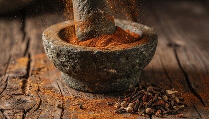 Closeup medium shot showing a delicate fine powdering process of dried spices using a mortar and pestle on a rustic wooden surface.
