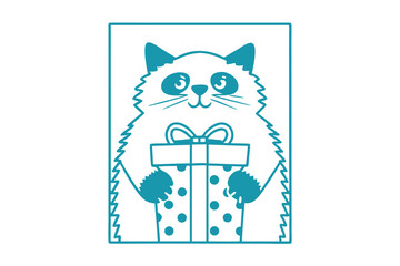 Teal color cat holding the dotted gift box presents festive holiday isolated design