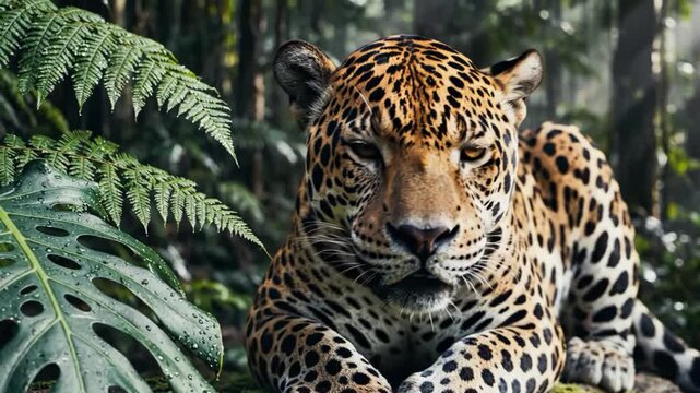 Intense jaguar portrait in lush tropical rainforest