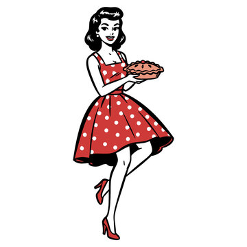 Vintage 1950s Pinup Housewife Holding Fresh Baked Pie. Retro Rockabilly Woman in Red Polka Dot Dress Vector Art.