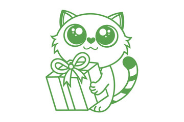 Green line art shows a cartoon raccoon holding a gift box with transparent background