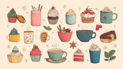 Fototapeta premium Festive illustration featuring an assortment of treats cupcakes, muffins, cake slices, and hot drinks. Delicate snowflakes and accents are scattered