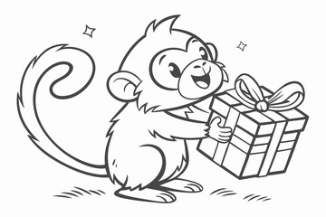 Happy cartoon monkey holds a neatly wrapped gift with a bow; line art
