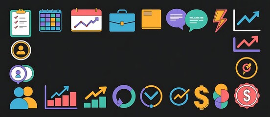 Playful business and finance icon set framing a central space, great for social media and digital content.