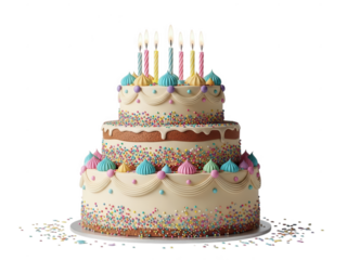 Two tiered birthday cake with white frosting and colorful sprinkles two tiered cake