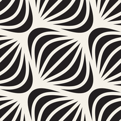 Vector seamless pattern. Modern stylish abstract texture. Abstract black and white pattern with curved, leaf-like shapes radiating from points. Creates a dynamic, flowing, and optical illusion effect.
