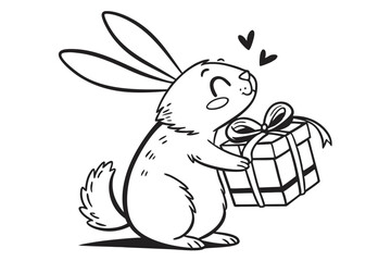 Monochrome adorable rabbit holds the ribboned gift box with hearts floating above it is transparent