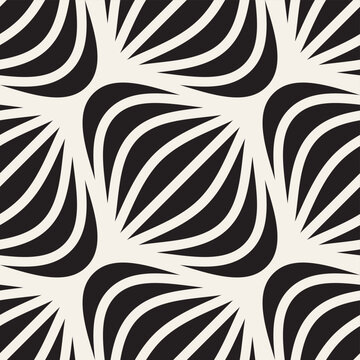 Vector seamless pattern. Modern stylish abstract texture. Abstract black and white pattern with curved, leaf-like shapes radiating from points. Creates a dynamic, flowing, and optical illusion effect.