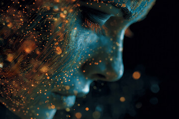 Futuristic woman with circuit board pattern and glowing orange dots on face