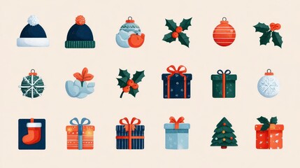 Festive illustrations featuring winter hats, ornaments, holly, gifts, a stocking, and a tree, arranged on a neutral background