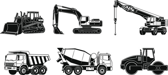 Construction vehicle, silhouette, bulldozer, excavator, crane, dump truck, concrete mixer, road roller, black and white,  © Rifat Creatives