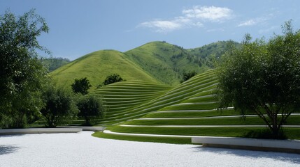Tiered, grassy hills against a blue sky with trees and white gravel area