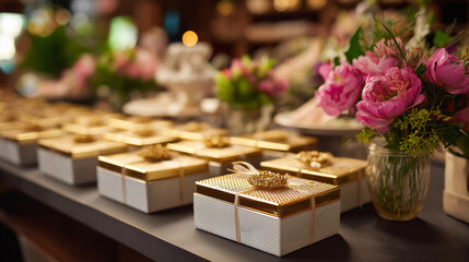 Wedding guest gift setup presentation heavily defocused celebration background event favor arrangement matrimonial reception display special occasion styling with copy space