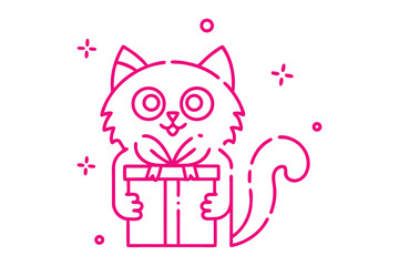 Pink outlined fluffy cat is holding a gift box happily, transparent background