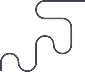 Top view road path graphic showing an irregular zigzag route formed by squared wave segments with a broken center line and solid shoulder line.