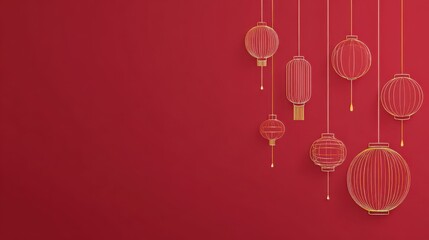 Chinese new year red background with hanging golden lanterns