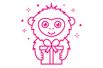 Pink outline drawing shows cute monkey holding a gift on a transparent background