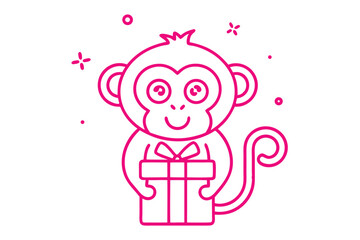 Outline art shows a cute pink monkey holding a gift box for someone