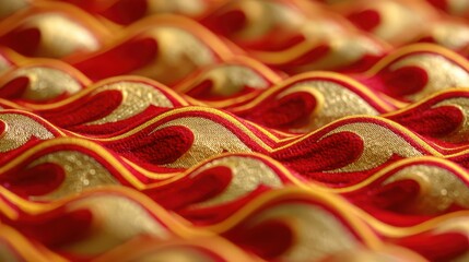 Red and gold embroidered waves forming abstract pattern