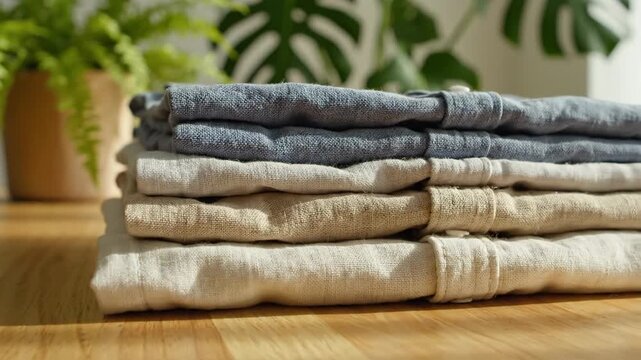 Stack of neatly folded linen shirts on a wooden table